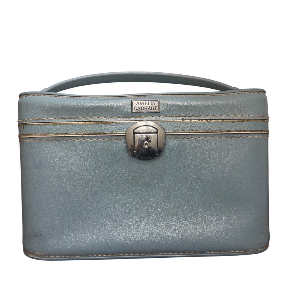 Amelia Earhart Vintage Train Case Blue Hard Shell Makeup Vanity Box Luggage